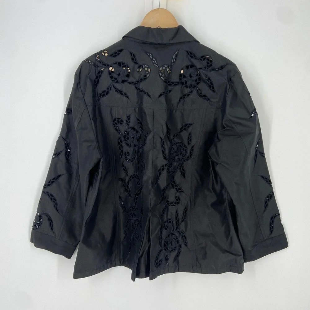 Zena Beverly‎ Hills Black Silk Embroidered Cutout Jacket Women Size 3 L/XL